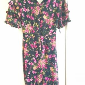 Black floral faux wrap midi dress with ruffle trim